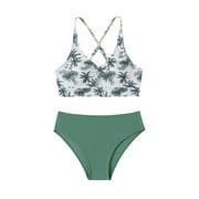 Litter Girls Bikinis 2Pc Criss-Cross Strapt Coconut Tree Print Sport Bathing Suits High Waist Split Holiday Swimsuit Sets